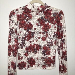 Zara Mesh Floral Long Sleeve Women’s Small Red White Black Stretchy Grunge